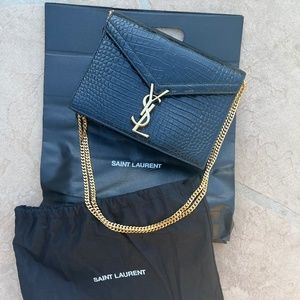 YSL -Cassandra Crocodile Embossed Bag- Black & Gold